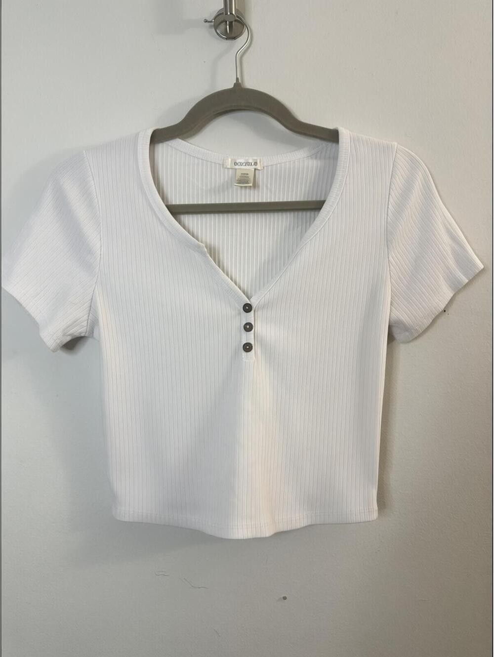 Bozzolo White Ribbed Henley Crop Top Womens Large Short Sleeve Stretch Casual
